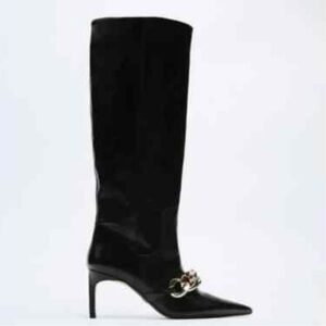 NWOT Zara Limited Edition Knee-High Leather Boots with Chain Accent